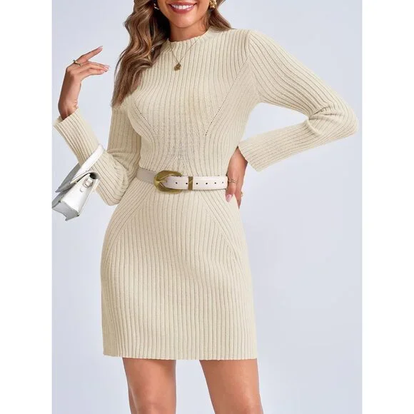 Elegant Women's Long Sleeve Bodycon Sweater Dress in Beige - Fall Essential